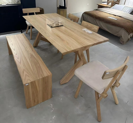 Natural Solid Wood Dining Table with Bench Set