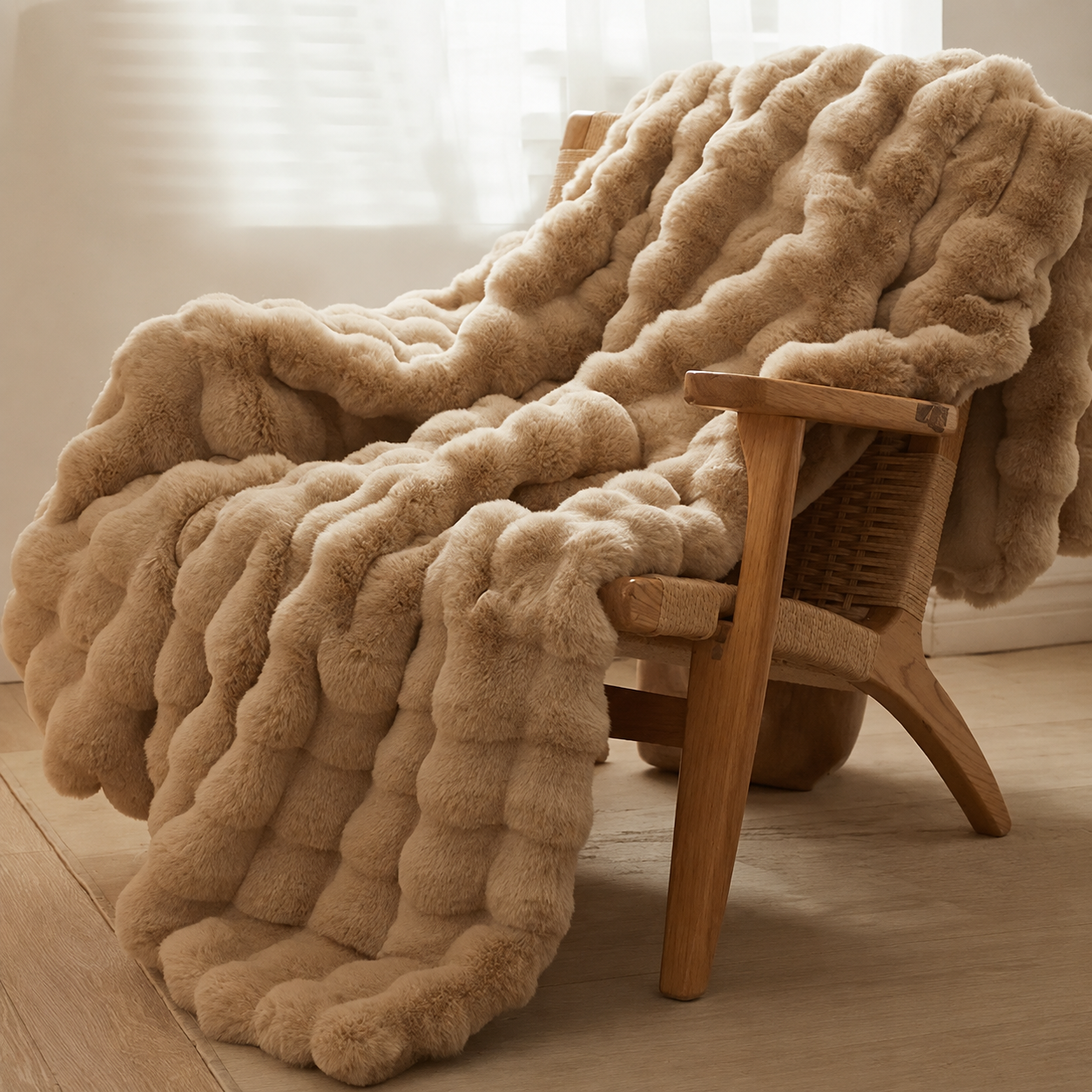 Bubble Faux Rabbit Fur Throw Blanket - Brown